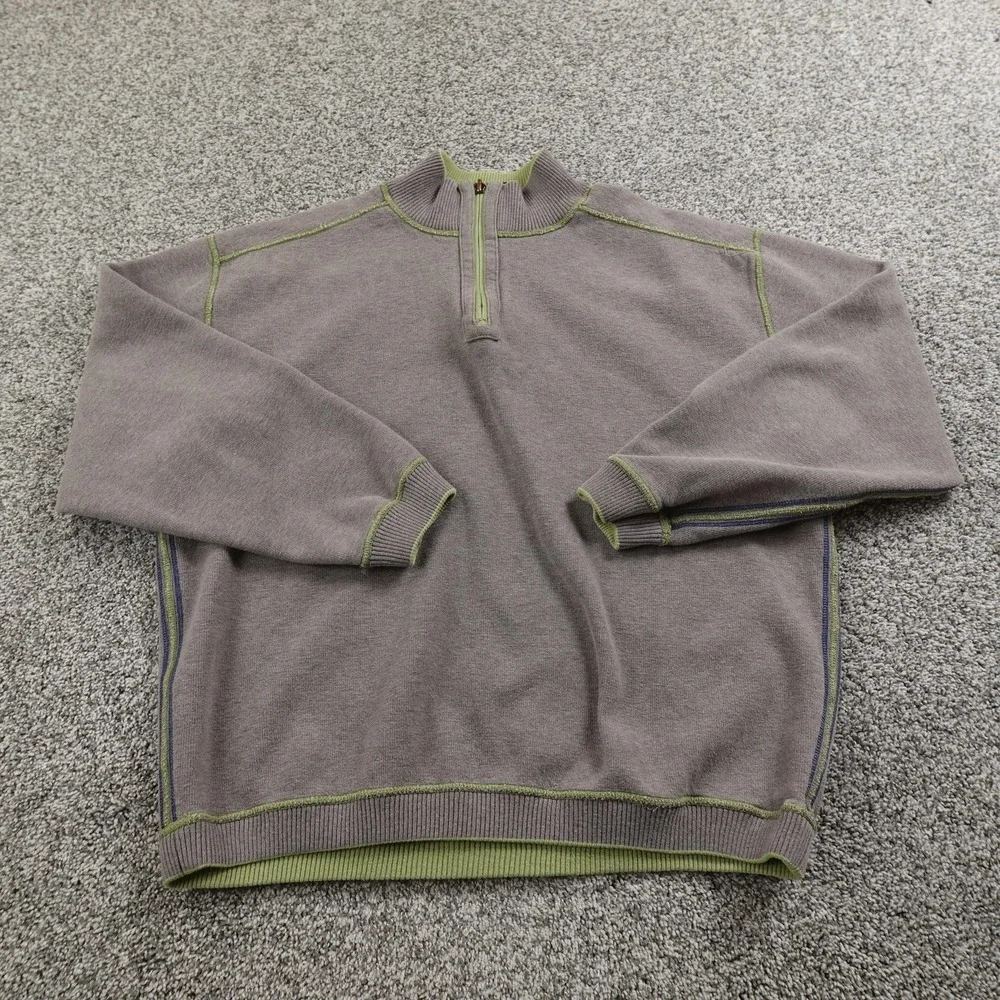 Tommy Bahama Sweater Mens XL Gray 1/4 Zip Mock Neck Knit Pullover Reversible Top